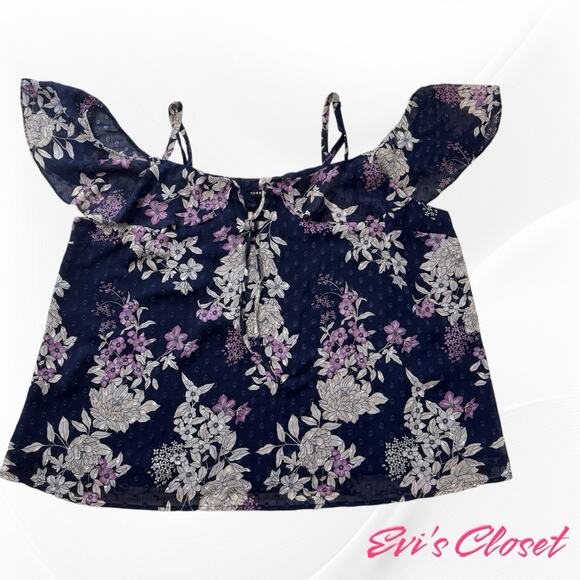 Torrid Navy Silver Pink Chiffon Plus Sz 3/ 22 Cold Shoulder Short Sleeve Top - Picture 11 of 16